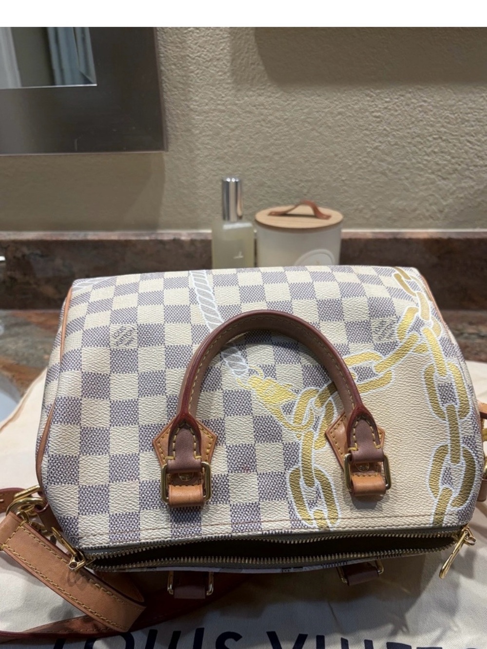 Louis Vuitton Damier Azur Satchel with Tan Leather Trim and Gold Chain Motif - Picture 2 of 8